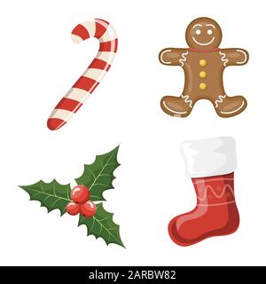 Weihnachtsset. Set mit Weihnachtsattributen, Cartoon-Vektorgrafiken Stock Vektor