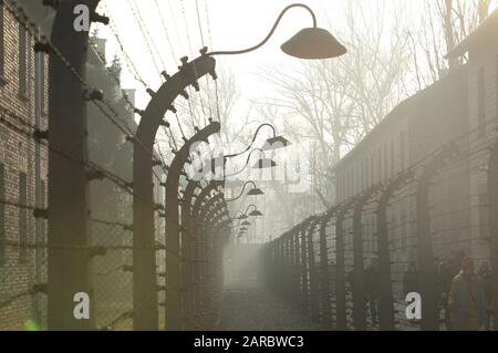 Blick auf das ehemalige NS-Todeslager Auschwitz II (Birkenau). 75. Jahrestag der Befreiung von Auschwitz und des Holocaust-Gedenktages. Das größte deutsche NS-Konzentrations- und Vernichtungslager KL Auschwitz-Birkenau wurde am 27. Januar 1945 von der Roten Armee befreit. Stockfoto