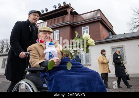 Weimar, Deutschland. Januar 2020. Heinrich Rotmensch, ein Überlebender des Holocausts (im Rollstuhl) kommt zusammen mit Philipp Neumann-Thein, stellv. Direktor der Stiftung, in die Gedenkstätte Buchenwald, um weiße Rosen für die Opfer des Nationalsozialismus zu legen. Kredit: Michael Reichel / dpa / Alamy Live News Stockfoto