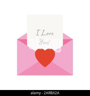 Liebesbrief. Pinkfarbener Umschlag mit "i love you"-Text auf der Karte. Vektorgrafiken zum Valentinstag. Stock Vektor
