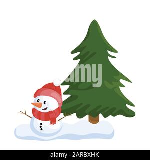Süße kleine Schneemäan und Weihnachtsbaum. Cartoon-Vektor-Illustration Stock Vektor
