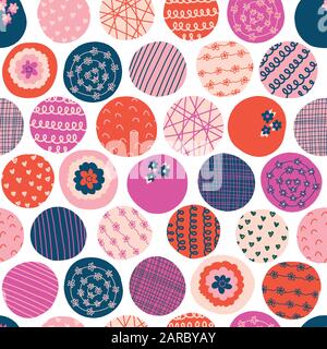Lustige strukturierte Kreise nahtloses Vektormuster. Rosa, Rot, Violett, blaue Punkte, die den Hintergrund wiederholen. Abstrakte moderne, handgezeichnete Dotterkulisse für Stock Vektor