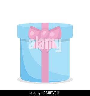 Süße, Cartoon-blaue Geschenkbox mit pinkfarbener Schleife. Vektorgrafiken zum Valentinstag. Stock Vektor