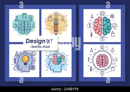 Sechs Designs für Brainstorming und Symbole Stock Vektor
