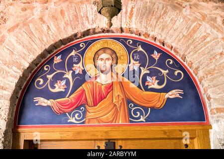 Kalabaka, Griechenland. Gemälde von Jesus Christus im Inneren des Großen Meteorons (Megalo Meteoro), einem byzantinischen Kloster von Meteora Stockfoto