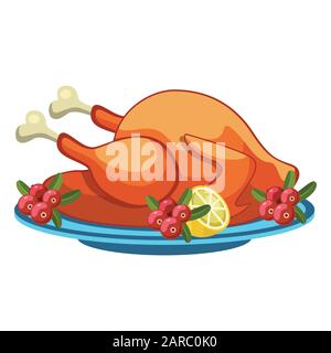 Gebratene truthahn, gebratenes Huhn mit Preiselbeeren. Traditionelle Mahlzeit am Dankesgivingtag. Vektorgrafiken Stock Vektor