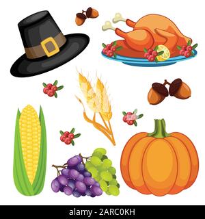 Thanksgiving Day Icons gesetzt. Piligrim Hut, Eicheln, truthahn, Trauben, Kürbis, Weizen, Mais, Preiselbeeren. Vektorgrafiken. Stock Vektor