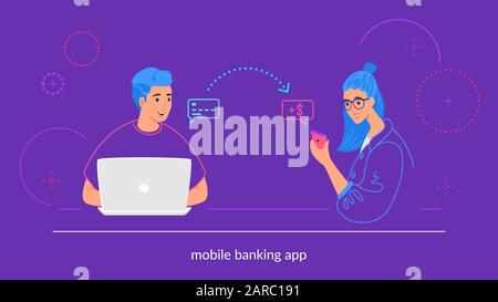 Mobile Banking-Flat-Vektor-Illustration des jungen Mannes, der mit Laptop sitzt und Geld von der Kreditkarte an seinen Freund auf der mobilen elektronischen Brieftasche sendet. Stock Vektor