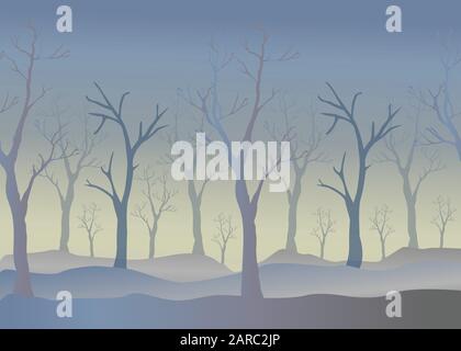 Winter Bäume im Hintergrund. Winter Landschaft mit Bäumen, Nebel. Bewölkt nebligen Tag. Vector Illustration Stock Vektor