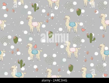 Cute nahtlose Muster mit Hand gezeichnet Paar von Alpakas. Valentinstag Urlaub. Zarte süße Design auf weißem Hintergrund. Ideal für Karten, Dekor, sw Stock Vektor