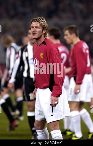 Turin Italien, 12. März 2003, 'Delle Alpi' Stadium, UEFA Champions League 2002/2003, FC Juventus- FC Manchester United: David Beckham während des Spiels Stockfoto