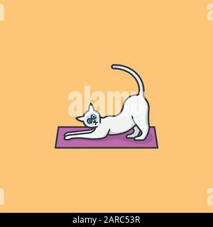 Stretching siamkatze auf Yogamatten-Vektorgrafiken für #YogaDay am 22. Februar. Symbol für häusliche Tier- und asiatische Trainingsfarbe Stock Vektor