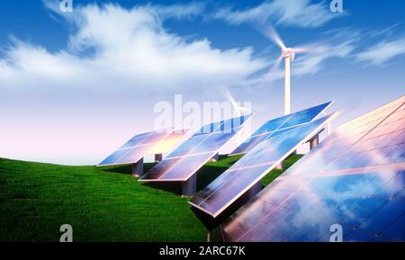 Konzept der erneuerbaren Energien - Fotovoltaik mit Windkraftanlagen in frischer Natur Stockfoto