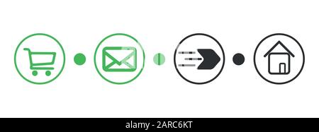 Lieferstatus der Bestellung, Vektorsymbole für die Nachverfolgung von Paketpaketen. Bestellpaketverarbeitungs-, Versand-, Transport- und Lieferschilder für Eilkurierdienste-APP und Web-Flat-Simple-Icons eps 10 Stock Vektor