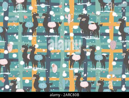 Cute nahtlose Muster mit Hand gezeichnet Alpakas, Kakteen, Herz, und Wolken. Zarte süße Design auf blauem Hintergrund. Vector Illustration Stock Vektor