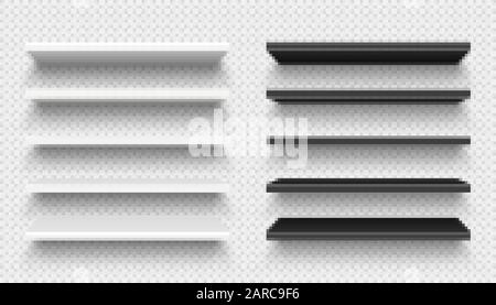 Realistische schwarze und weiße Wandregalsammlung auf weißem Hintergrund isoliert. Leeres Lagerregal. Vektorgrafiken. Stock Vektor