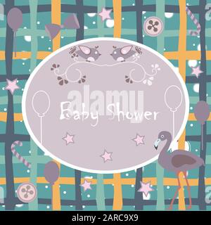 Baby-dusche Einladungskarte Design mit Flamingo, festliche Luftballons, Bonbons, Bug, Knöpfe usw. Baby-dusche-Sammlung. Vector Illustration Stock Vektor