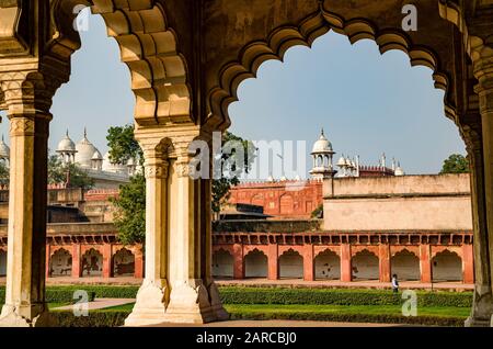 Details zu Agra Fort, Moti Mahal in der Ferne Stockfoto