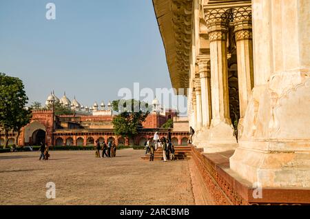 Details zu Agra Fort, Moti Mahal in der Ferne Stockfoto