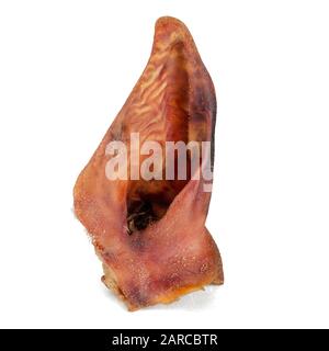 Getrocknetes Schweineohr auf weißem Grund. Einohriger, aufrechter Ohr. Naturkauen für Hunde. Haustierzubehör. Nahaufnahme. Selektiver Fokus. Stockfoto