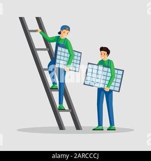 Arbeiter, die Solarpaneele installieren, flache Abbildung. Spezialisten setzen Fotovoltaik-Modul, Ingenieur kletternde Leiter Cartoon-Charakter. Nutzung alternativer Energien, erneuerbarer Energien und nachhaltiger Lebensgewohnheiten Stock Vektor