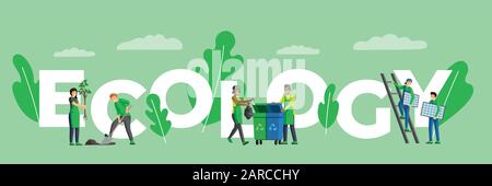 Umweltbegriff flaches Vektorbanner. Umweltfreundlicher und nachhaltiger Lebensstil, Umweltschutz und Aktivitäten zur Rettung der Natur. Winzige Menschen, die Solarpaneele installieren und Bäume Pflanzen Stock Vektor