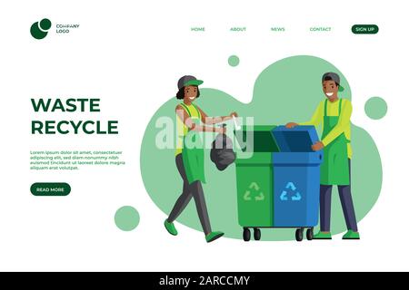 Abfallrecycling - flache Vorlage für Landing-Page. Abfallreduzierung, Abfallmanagement, nachhaltiger Lebensstil ein Seite Website-Design. Freiwillige Reinigung, Abfallsortierung Homepage Cartoon-Vektor-Layout Stock Vektor