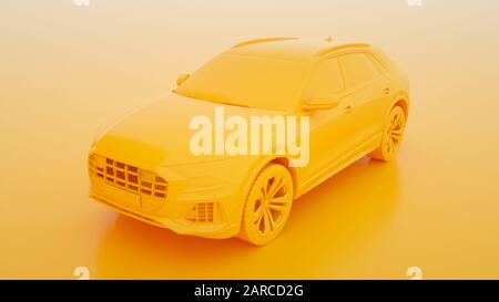 City Yellow Premium SUV auf gelbem Hintergrund. 3D-Rendering. Stockfoto