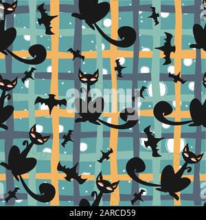 Nahtlose Muster von Halloween Katzen und Fledermäuse in Schwarz, traditionelle orange Hintergrund. Gut für Textildruck, Web, Papier, Verpackungen, Textilien, Hintergründe Stock Vektor