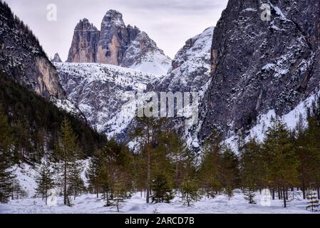 Der Tre Cime di Lavaredo vom Rienza-Tal zum Landro-See Stockfoto