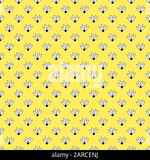 Nahtloses Blumenmuster auf gelbem Hintergrund. Einfaches, handgezeichnetes, nahtloses Muster für Kleidung, Druck, Textur, Fliesen usw. Stock Vektor