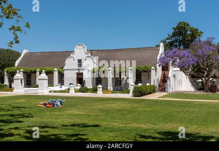 Faure, Stellenbosch, Westkappo, Südafrika. Das Gehöft des Weinguts Vergenoegd. Kapholländisches Gebäude mit einem Jacaranda-Baum. Stockfoto