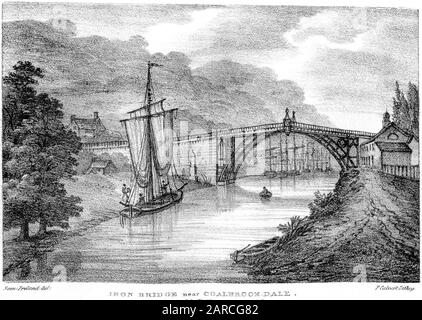 Ein in hoher Auflösung gescannter lithograph von Iron Bridge (Ironbridge) in der Nähe von Coalbrook-Dale (Coalbrookdale) aus einem Buch, das im Jahre 181 gedruckt wurde. Ohne Copyright. Stockfoto