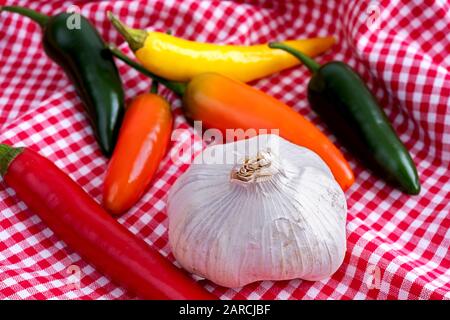 Rote, grüne, orangefarbene und gelbe Chilischoten mit einer Knoblauchzwiebel, die auf einem weißen, karierten Handtuch liegt Stockfoto