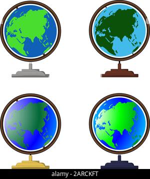 Vektor-Globus-Symbole der Welt. Ein Satz von Desktop-Globen hält, verschiedene Farben und Farbtöne aus. Globe Requisiten für Cartoon- und Animationsdekor. Stock Vektor