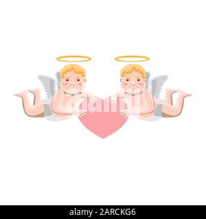 Valentinstag Illustration zwei kleine kupide Engel, die ein Herz in den Händen auf einem weißen, isolierten Hintergrund halten. Vektorbild. Cartoon Stock Vektor