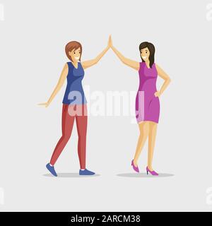 Lächelnde Mädchen mit fünf flachen Vektorgrafiken. Pair Dance, Frauen-Freundschaft, fröhliche Freizeit zusammen. Weibliche Freunde begrüßen Cartoon-Charaktere isoliert auf weißem Hintergrund Stock Vektor