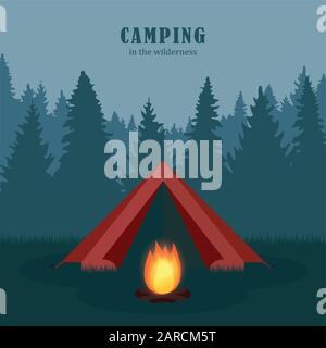 Camping in der Wildnis rote Zelt im Wald mit Lagerfeuer Vektor-illustration EPS 10. Stock Vektor