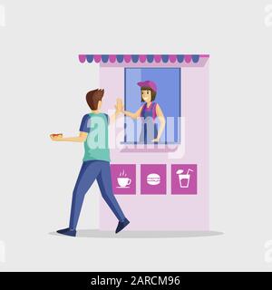 Menschen und Fast-Food-Kiosk - flache Vektorgrafiken. Zufriedenheit mit dem Service, Geste zum Abschied. Cartoon-Figuren von männlichen Kunden und weiblichen Shop-Assistenten isoliert auf weißem Hintergrund Stock Vektor