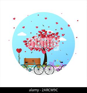 Valentinstag Hintergrund mit einem Fahrrad und einem Baum aus Herzen. Stock Vektor