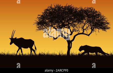 Realistische Darstellung eines schleichenden Löwen und Gazellen oder Antilopen-Silhouetten. Der Teufelskelch jagt nach einem Oryx. Safari-Landschaft mit Gras, Baum und Ora Stock Vektor