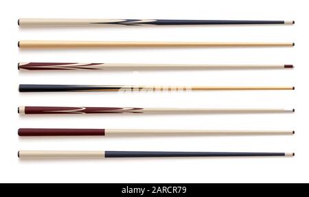 Realistische Vektorgrafik aus Holz-Billiard-Cues, isoliert auf weißem Hintergrund Stock Vektor