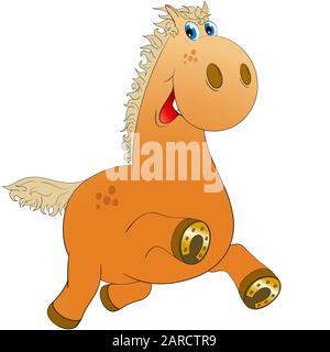 Das fröhliche Pferd läuft und lächelt. Vektorgrafikzeichnung der Cartoon-Illustration Stock Vektor