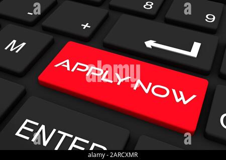 3D-Rendering. Schwarze Tastatur mit Apply Now Key, Business und Technology Concept Hintergrund Stockfoto