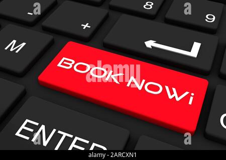 3D-Rendering. Schwarze Tastatur mit Book Now Key, Business und Technology Concept Hintergrund Stockfoto