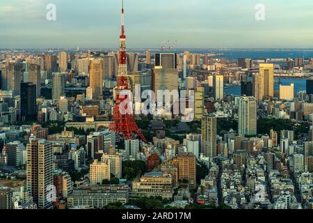 Tokyo Tower unter den Wolkenkratzern bei Sonnenuntergang. Der Tokyo Tower ist das bekannteste Wahrzeichen der Stadt Stockfoto