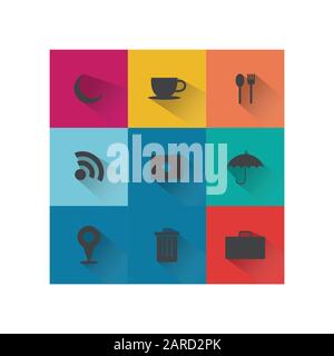 Set mit Websymbolen in modernem Design mit flachem, langem Schatten. Webelemente Symbole Vektor-Design-Bild Stock Vektor