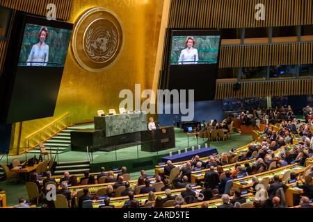 New York, USA. Januar 2020. Die Holocaust-Überlebende Irene Shashar spricht eine Zeremonie der Vereinten Nationen an, die den Internationalen Tag des Gedenkens an Die Opfer des Holocaust am 75. Jahrestag der Befreiung von Auschwitz markiert, Credit: Enrique Shore/Alamy Live News Stockfoto