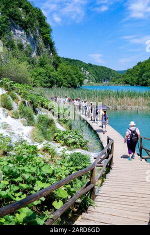 Touristen erkunden die Holzstege im Nationalpark Plitvicer Seen in Kroatien Stockfoto