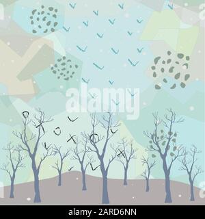 Winter Baum mit ein paar Beeren und rote Vögel auf einem kalten suchen Hintergrund mit Bergen und dunklen verschneiten Himmel. Jahreszeit Natur. Verschneite Landschaft. Vec Stock Vektor